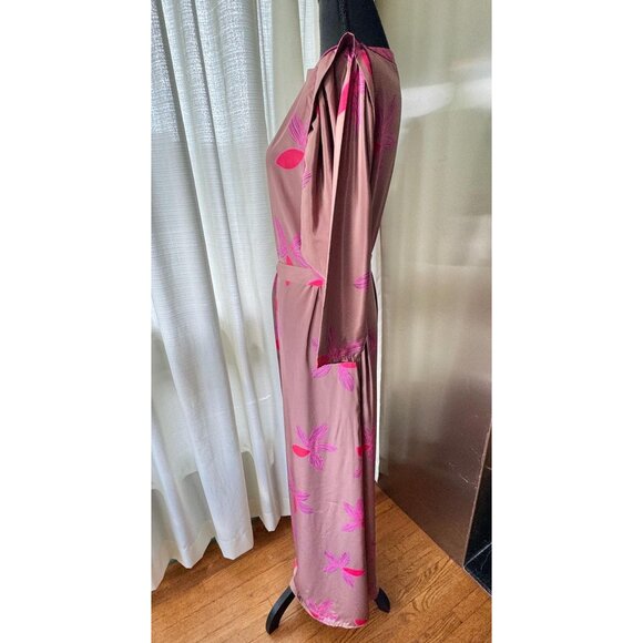 Vintage 80s dress, mauve, hot pink, fuchsia floral, wide shoulders, batwing - Picture 5 of 10